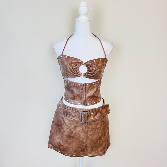 NWT Brown Leather Halter Hook N Eye Crop Top & Belted Eyelet Skort Skirt Set - Picture 2 of 15